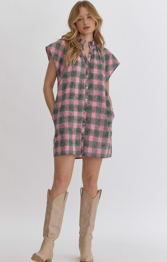 Pink & Green Plaid Cotton Cap Sleeve Mini Dress