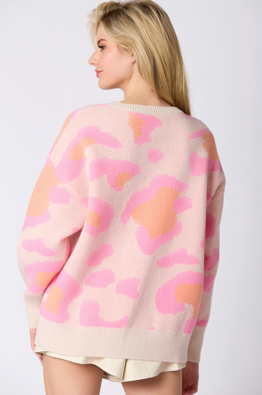 Pink Multi Animal Print Loose Fit Sweater