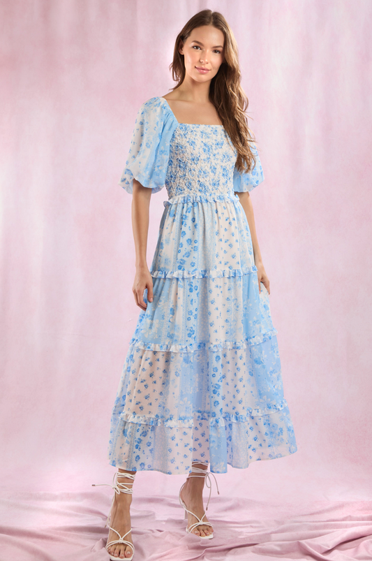 Blue Floral Patchwork Bubble Sleeve Maxi Dress