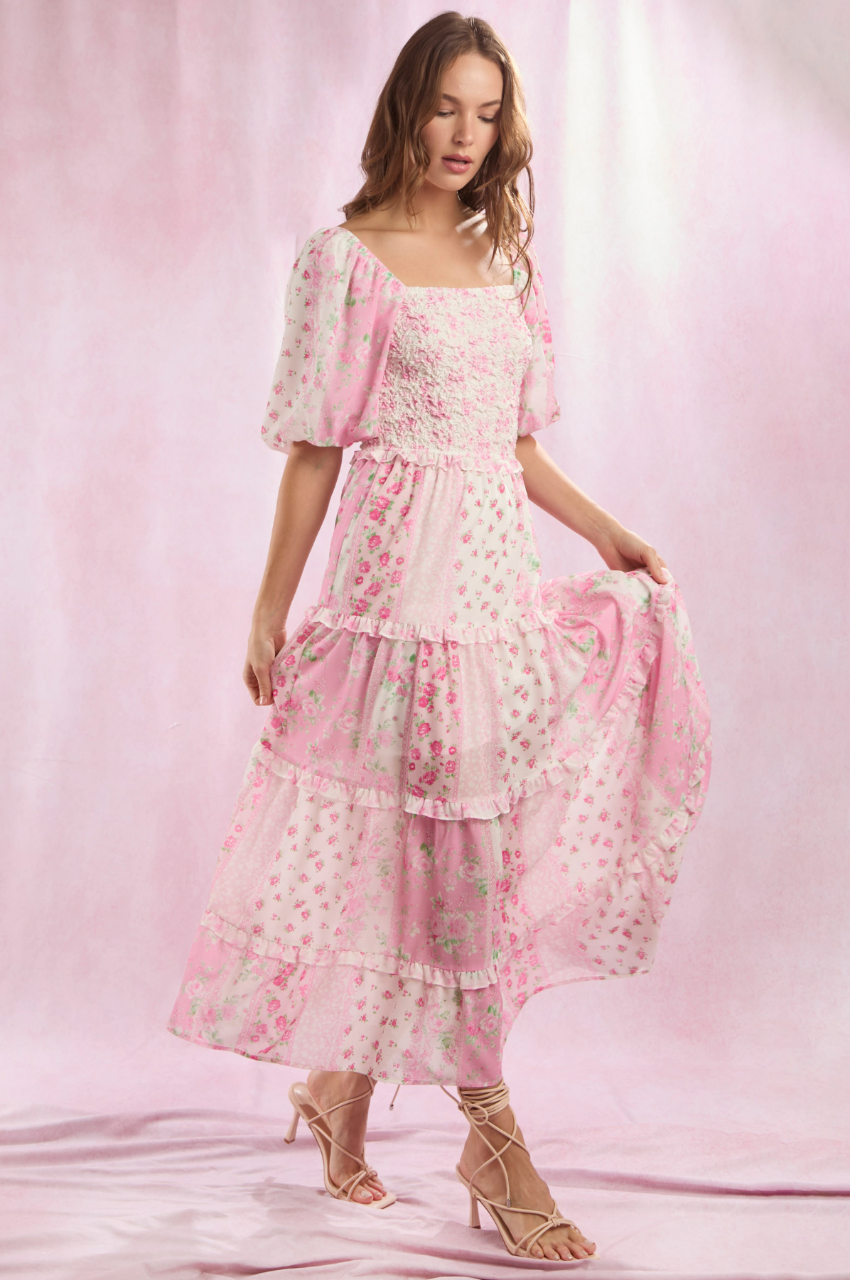 Pink Floral Patchwork Bubble Sleeve Maxi Dress