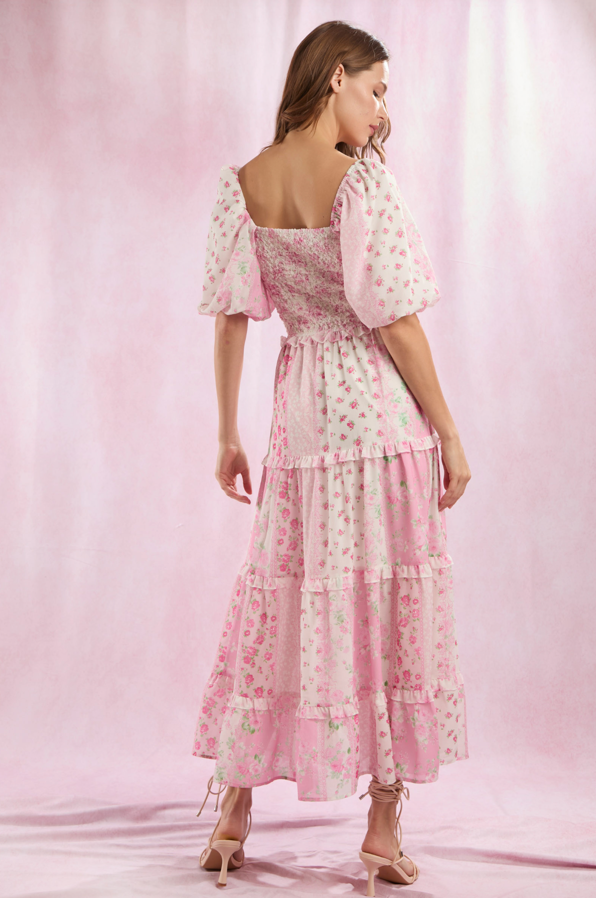 Pink Floral Patchwork Bubble Sleeve Maxi Dress