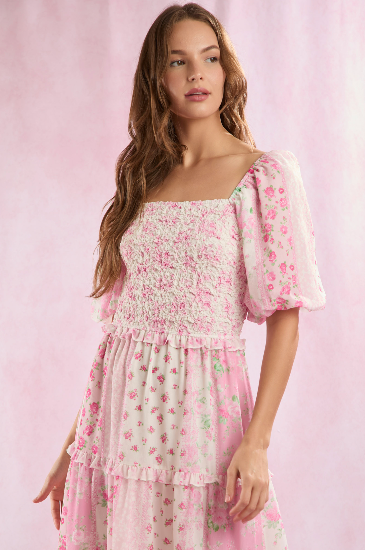 Pink Floral Patchwork Bubble Sleeve Maxi Dress