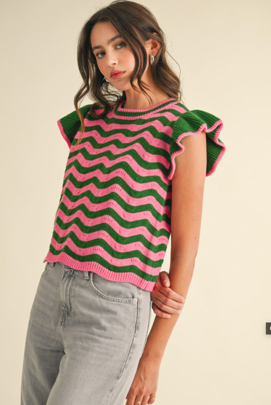 Pink & Green Wavy Striped Ruffle Sleeve Top