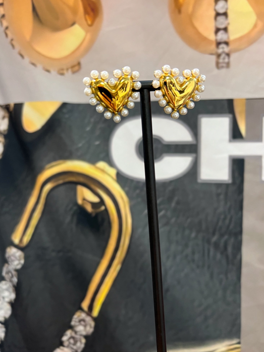 Pearl Heart Gold Earrings