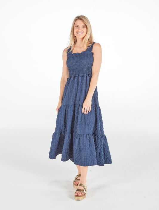 Navy Blue Textured Puff Maxi Dress