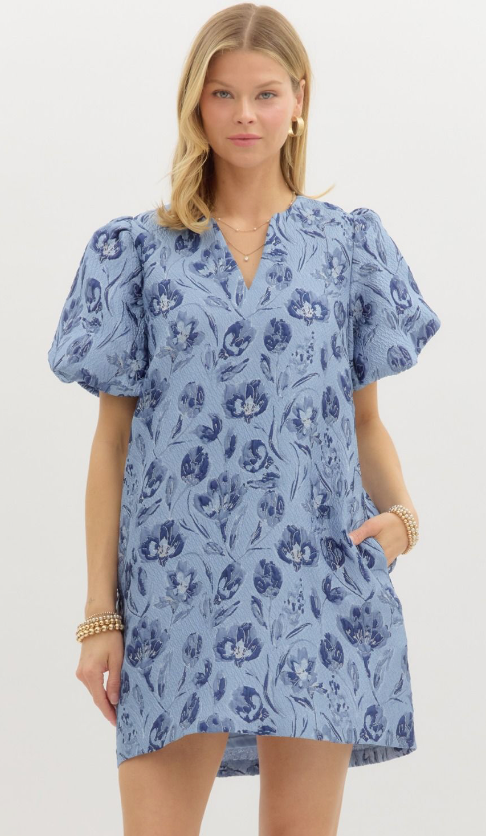Floral Jacquard Bubble Sleeve Mini Dress