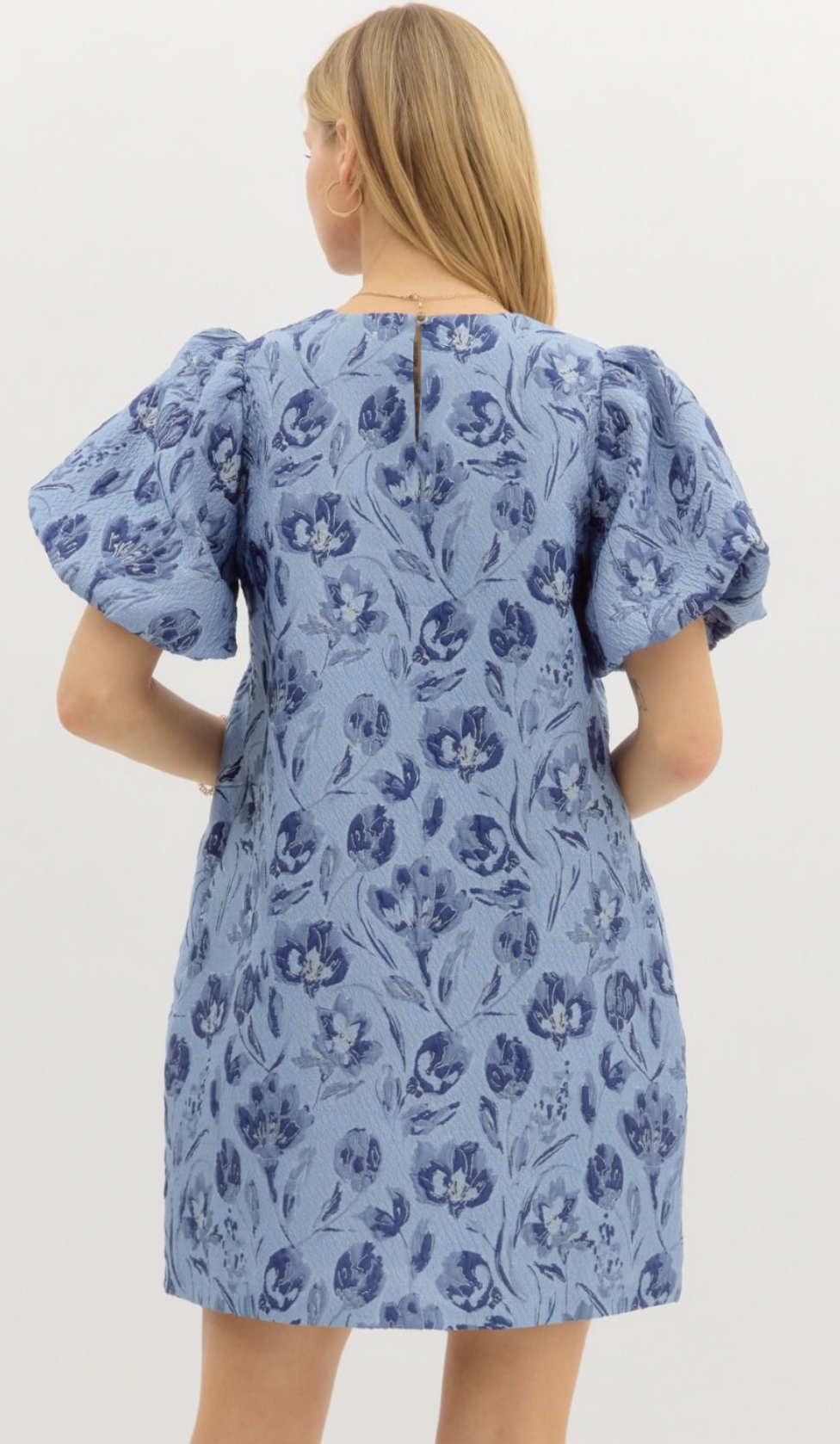 Floral Jacquard Bubble Sleeve Mini Dress