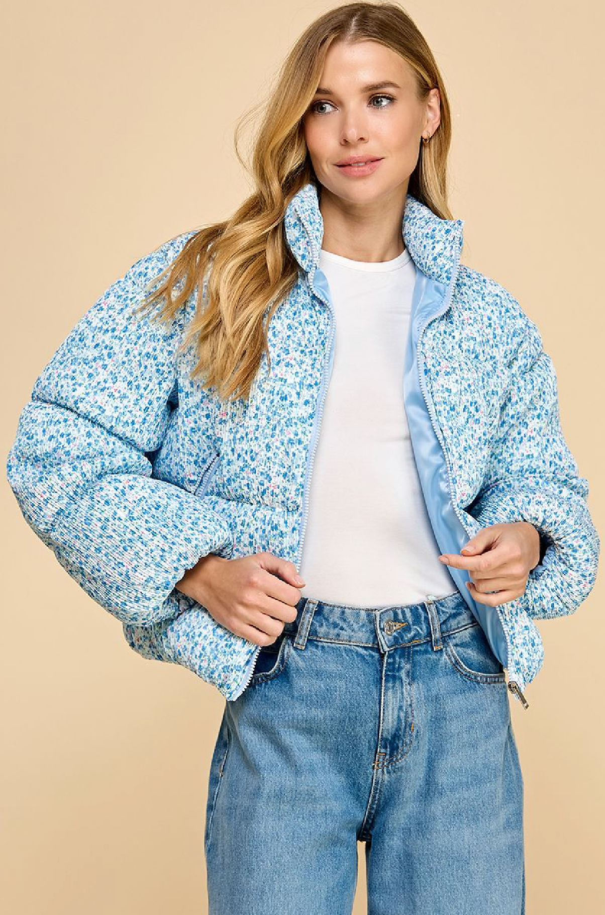 Blue Ditsy Floral Crinkled Puffer Jacket