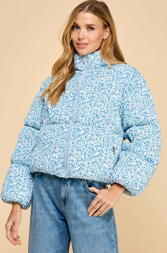 Blue Ditsy Floral Crinkled Puffer Jacket
