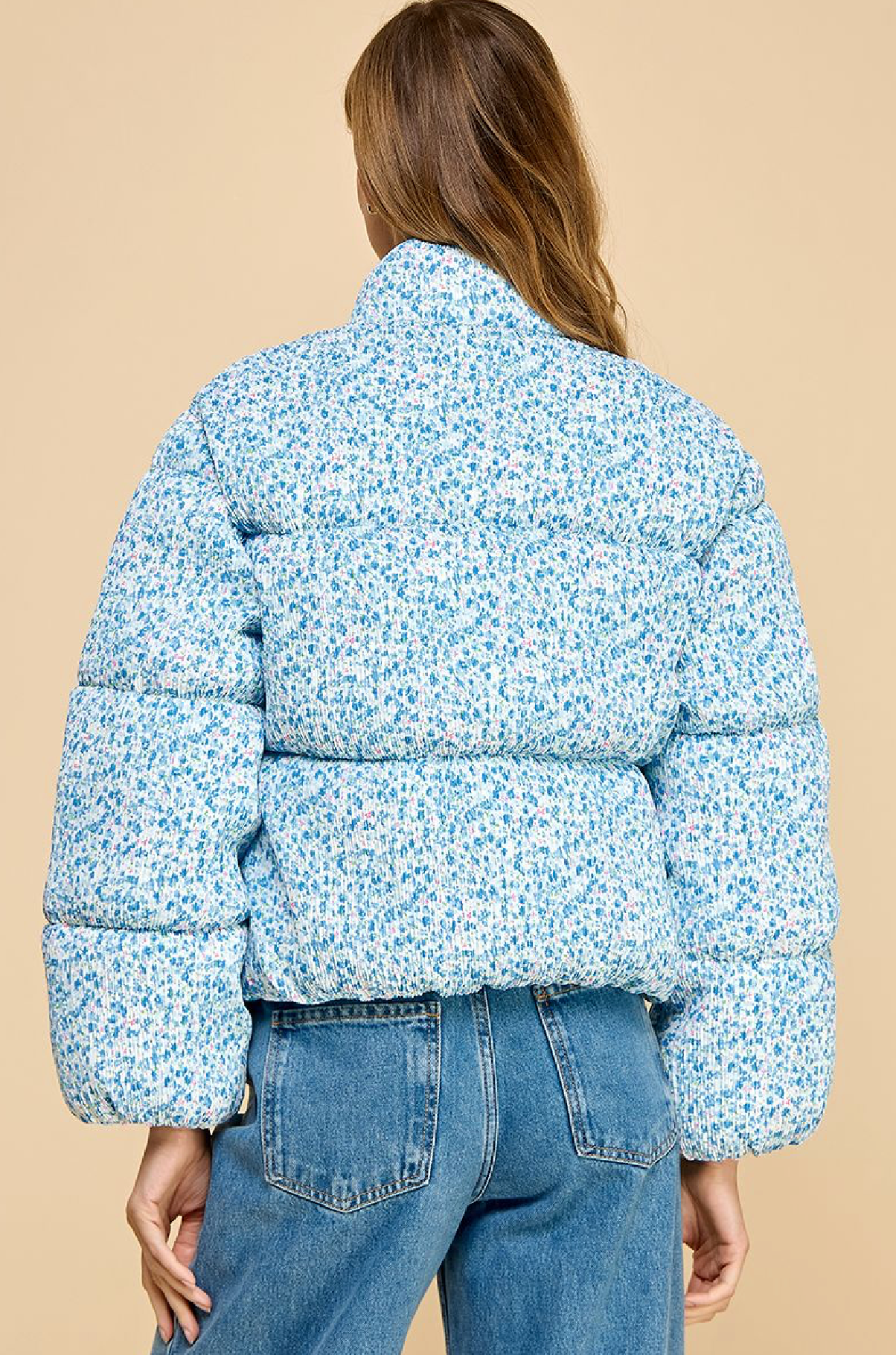 Blue Ditsy Floral Crinkled Puffer Jacket