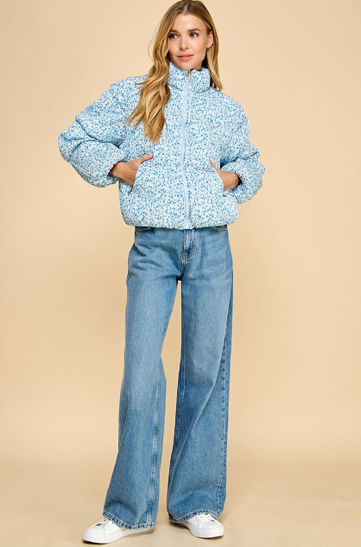 Blue Ditsy Floral Crinkled Puffer Jacket