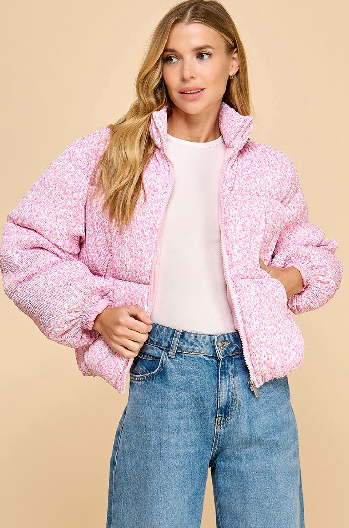 Pink Ditsy Floral Crinkled Puffer Jacket