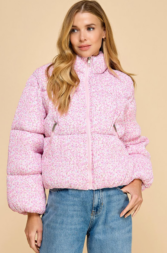 Pink Ditsy Floral Crinkled Puffer Jacket