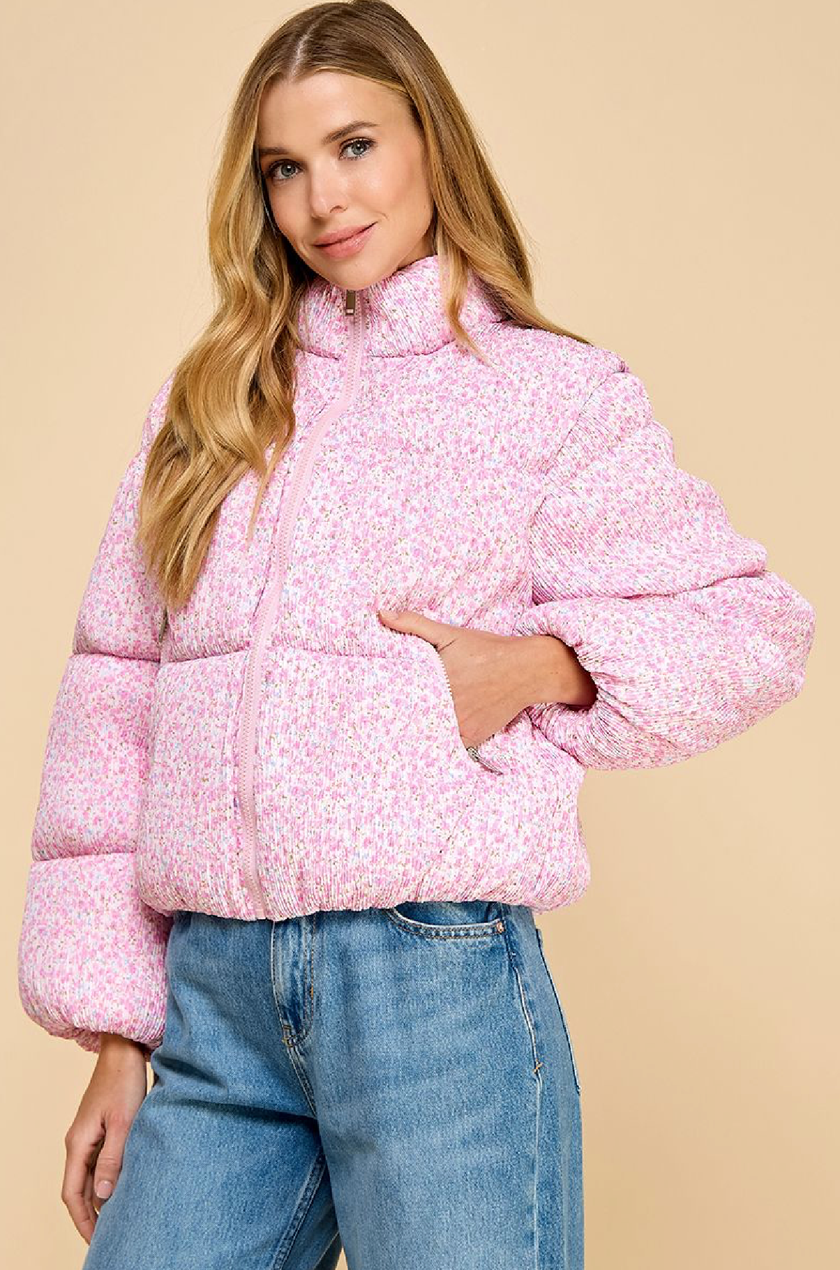 Pink Ditsy Floral Crinkled Puffer Jacket