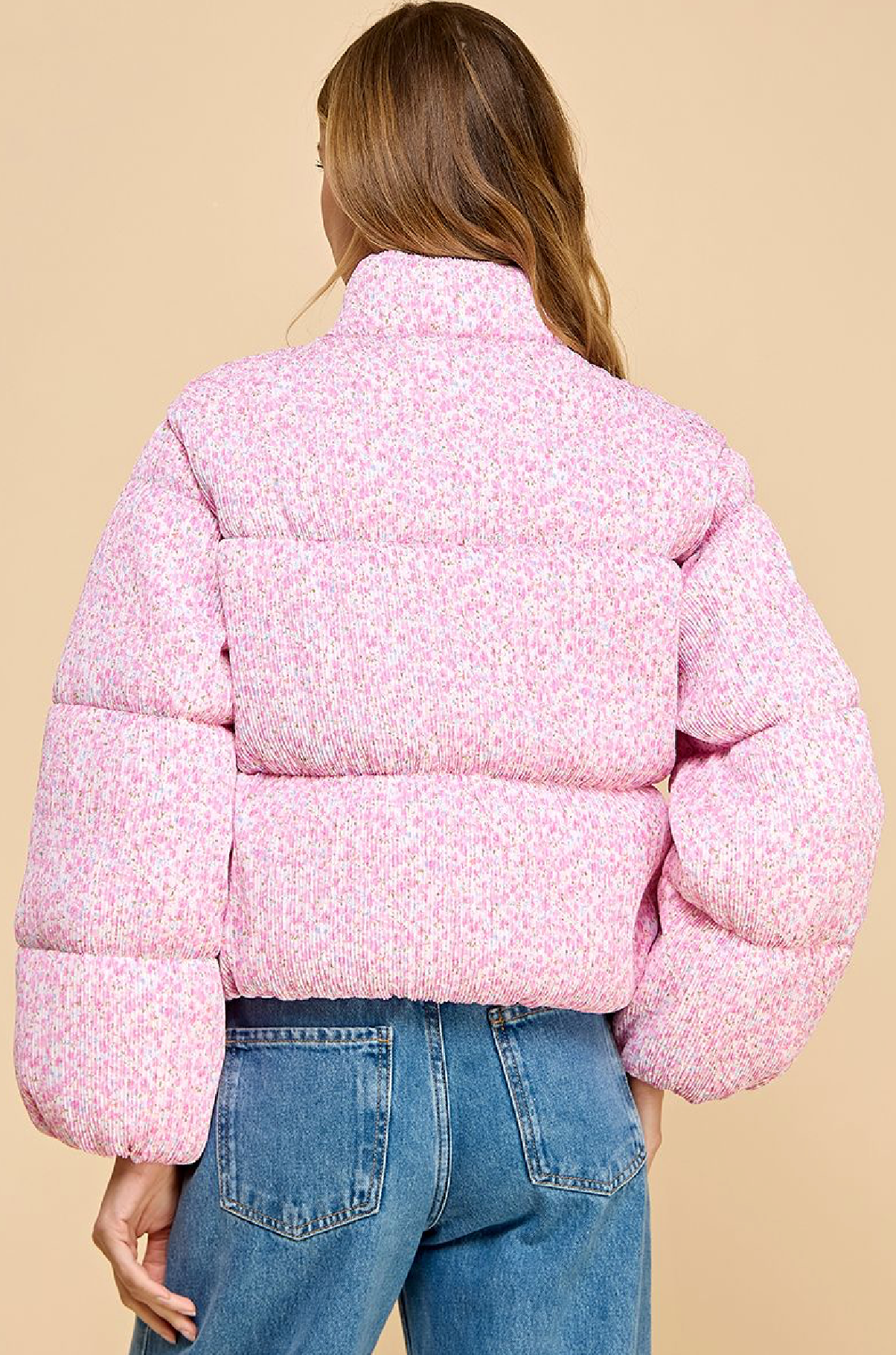 Pink Ditsy Floral Crinkled Puffer Jacket
