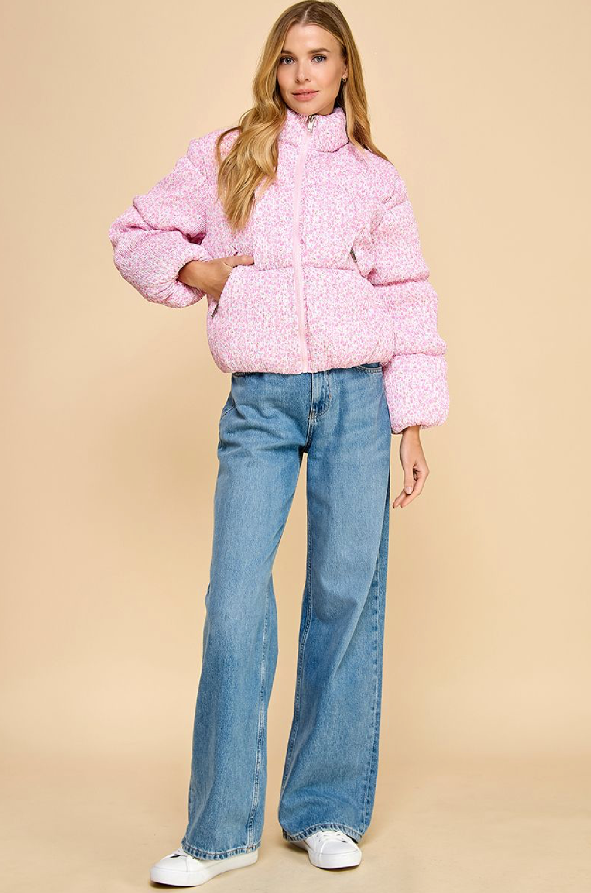 Pink Ditsy Floral Crinkled Puffer Jacket