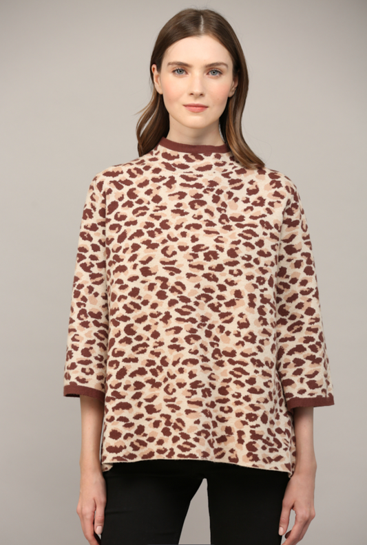 Cora Animal Print Jacquard Mock Neck Sweater