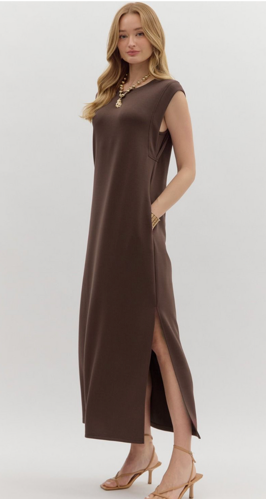 Brown Jersey Knit Midi Dress