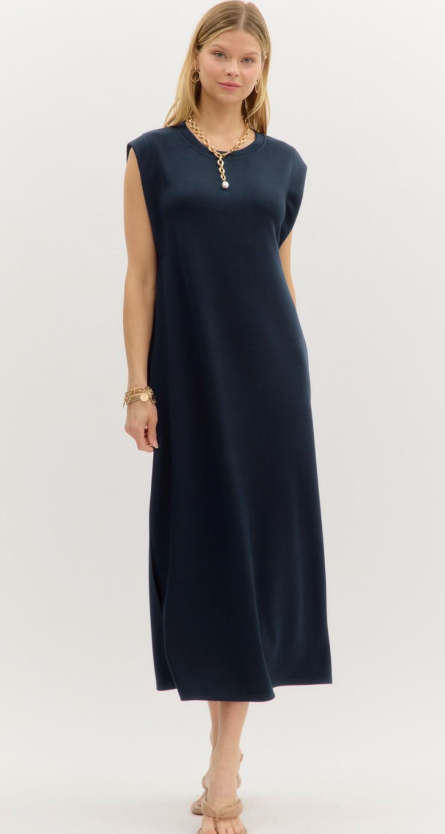 Navy Jersey Knit Midi Dress