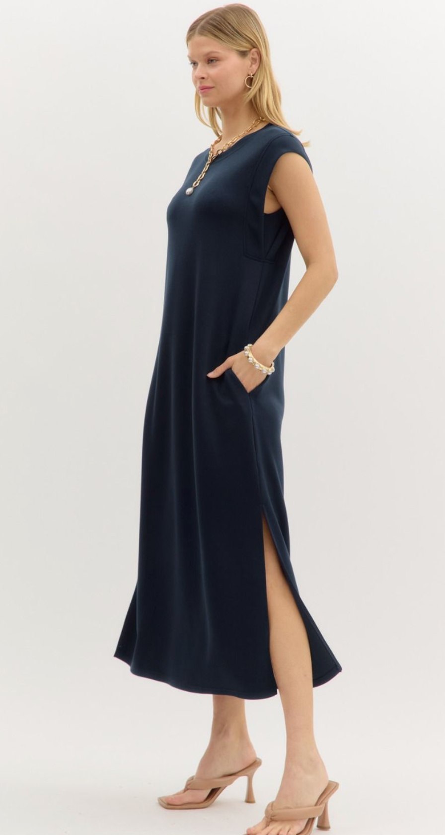 Navy Jersey Knit Midi Dress