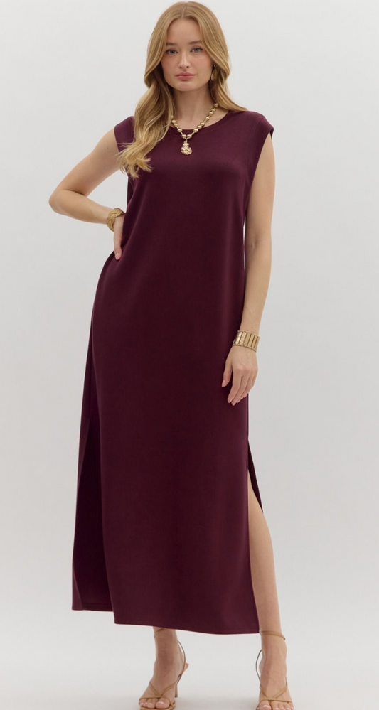 Wine Jersey Knit Midi Dress