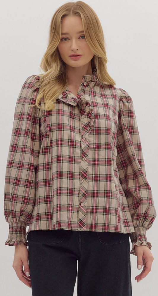 Taupe Plaid Long Sleeve Blouse