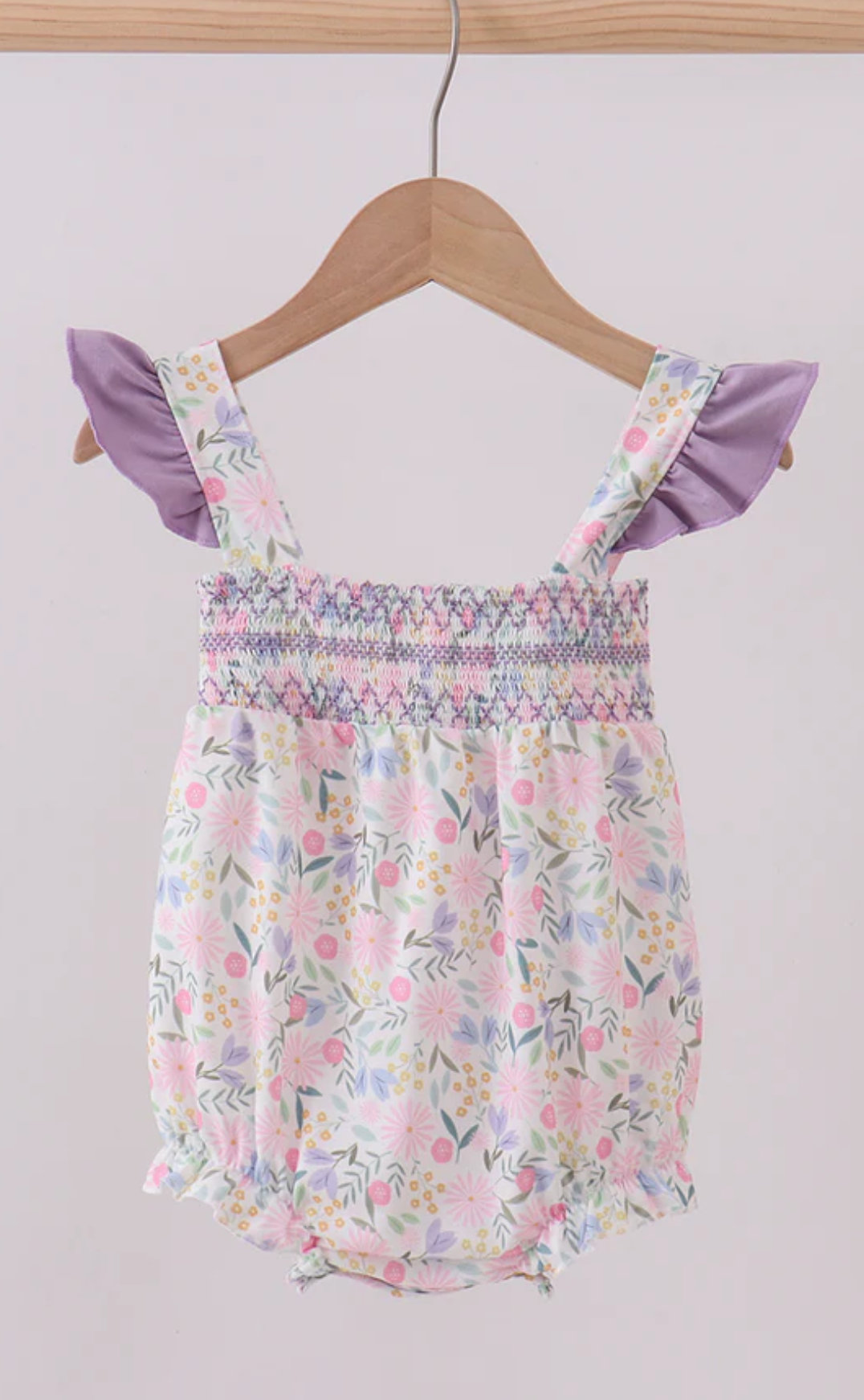 Purple Floral Smocked Ruffle Bubble