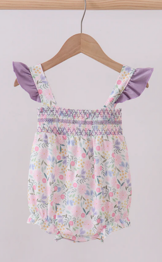 Purple Floral Smocked Ruffle Bubble