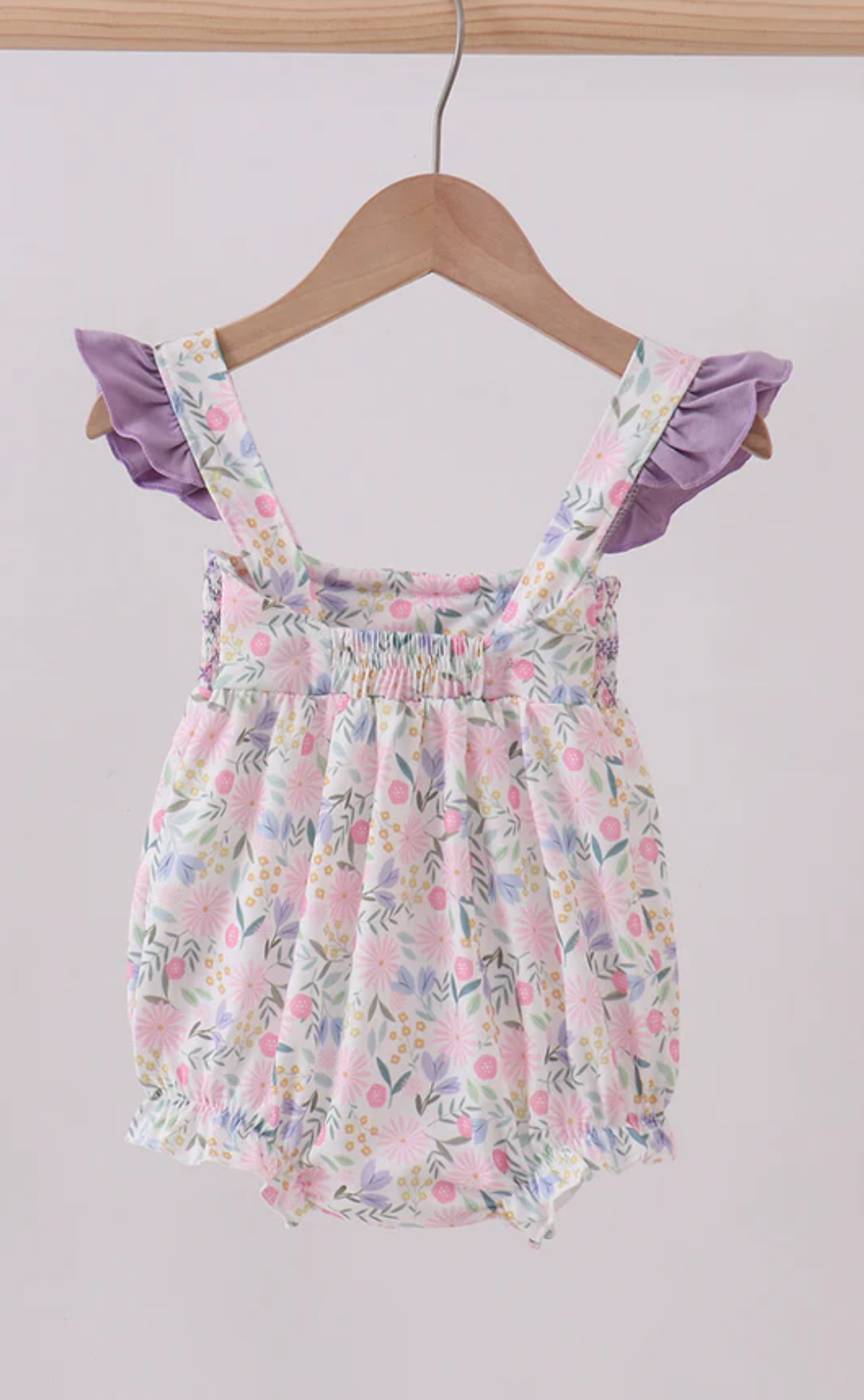 Purple Floral Smocked Ruffle Bubble