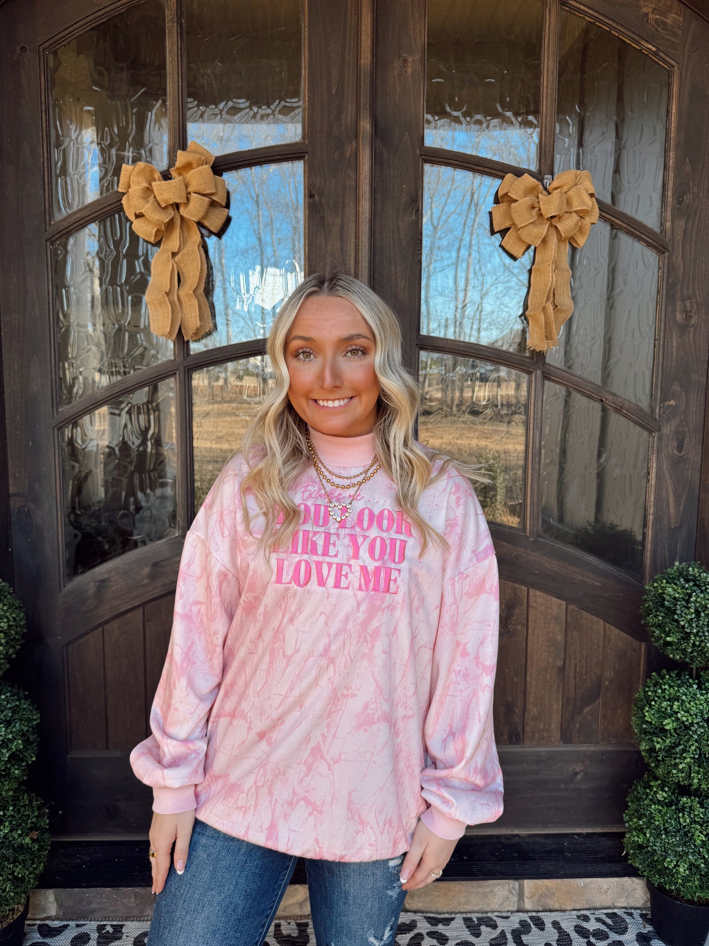 Excuse Me... Embroidered Pink Camo Mock Neck