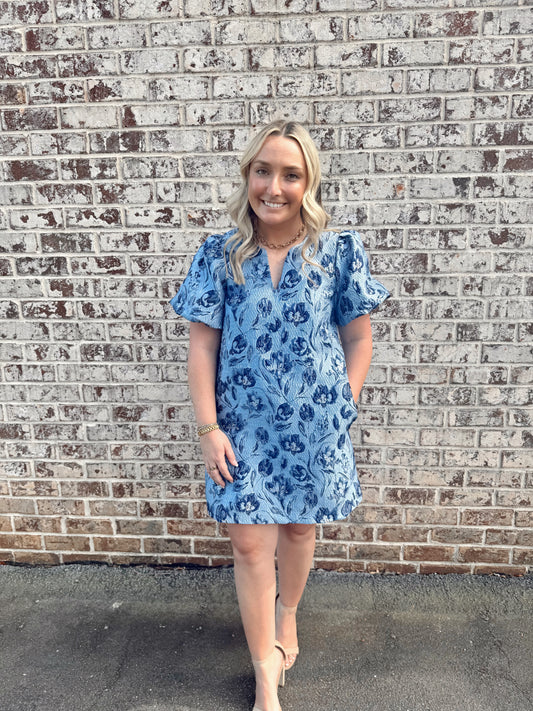 Floral Jacquard Bubble Sleeve Mini Dress